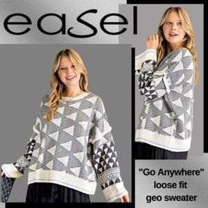 EASEL "Go Anywhere" Super Lux Loose-Fit Geo Print Tunic-Style Sweater Warm Cozy